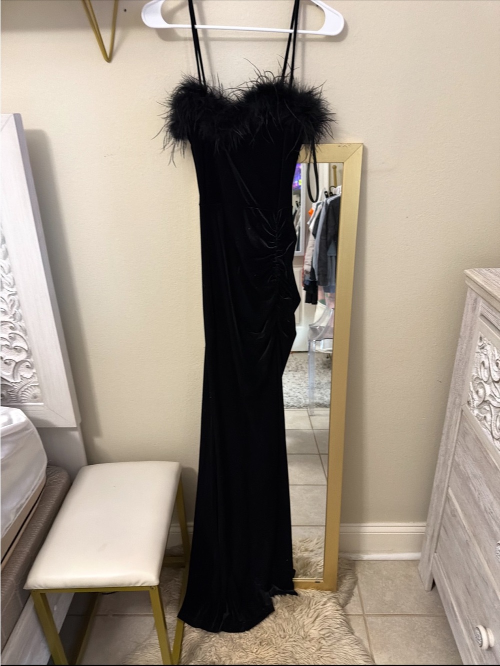 Black Velvet Feather Trim Maxi Dress